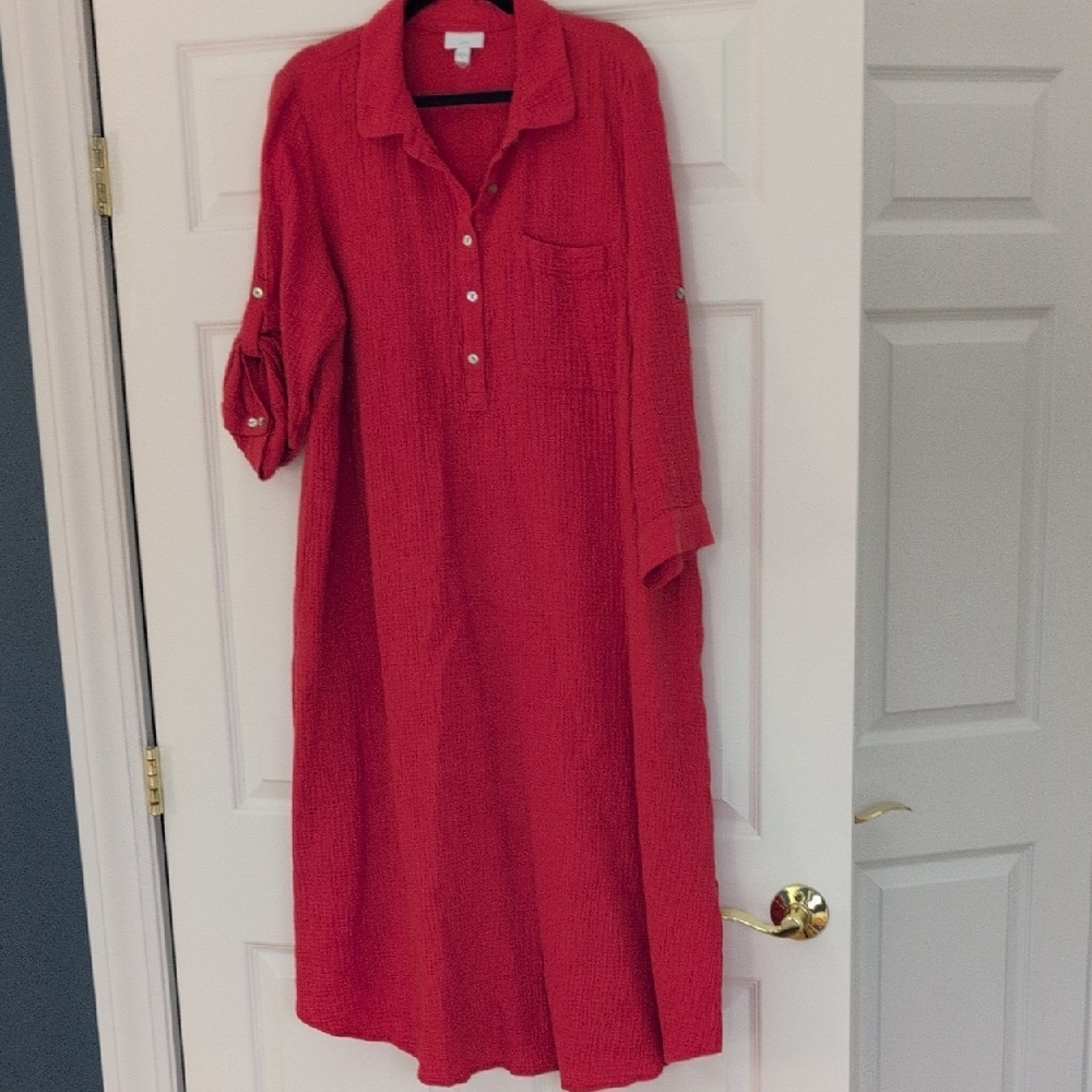 J. Jill Red Gauze Button Pullover Dress